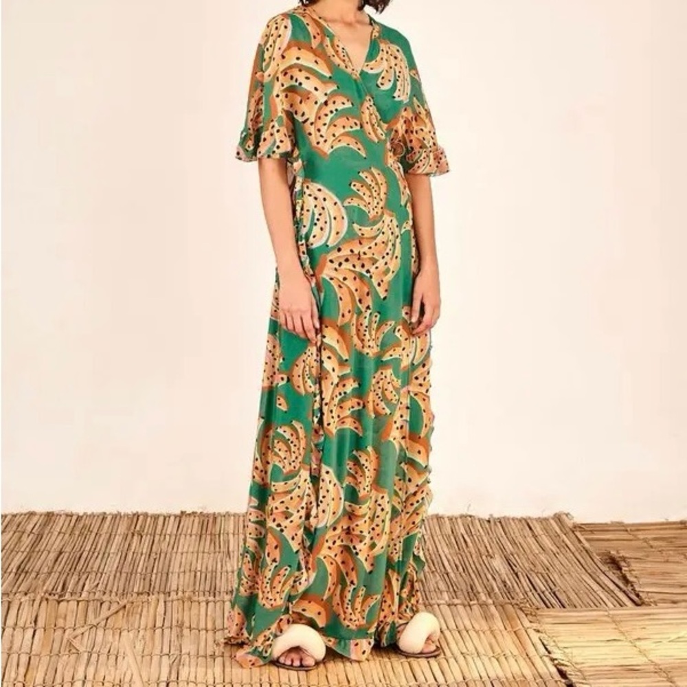 Farm Rio Raining Bananas Maxi Wrap Dress in green yellow size M